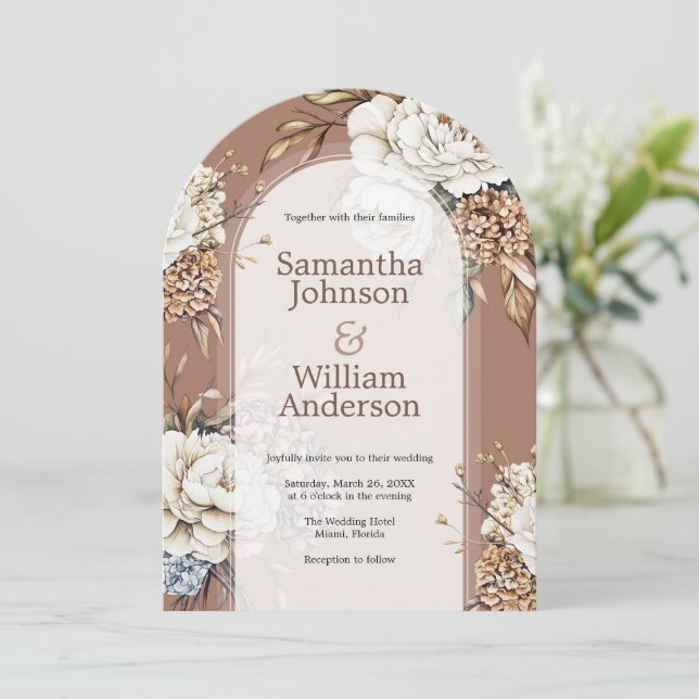 Invitation Peony moderne et Hydrangea Mocha Mousse Mariage (Debout devant)