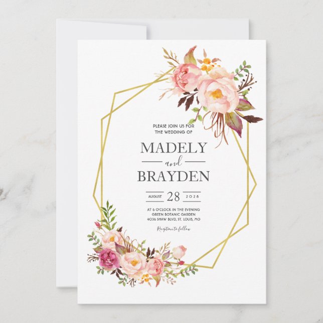 Invitation Peony rose Blush et Mariage or (Devant)