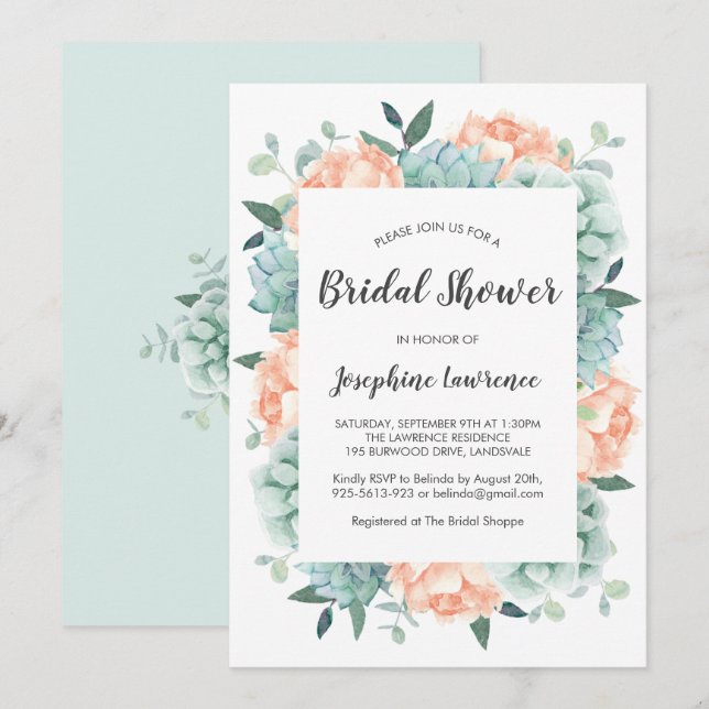 Invitation Peony & Succulents Fête des mariées aquarelle (Devant / Derrière)