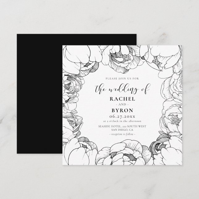 Invitation Peonys noir et blanc élégant mariage (Devant / Derrière)