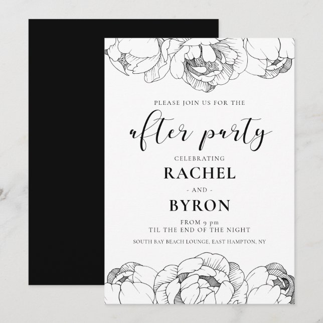 Invitation Peonys noir et blanc mariage après la fête (Devant / Derrière)