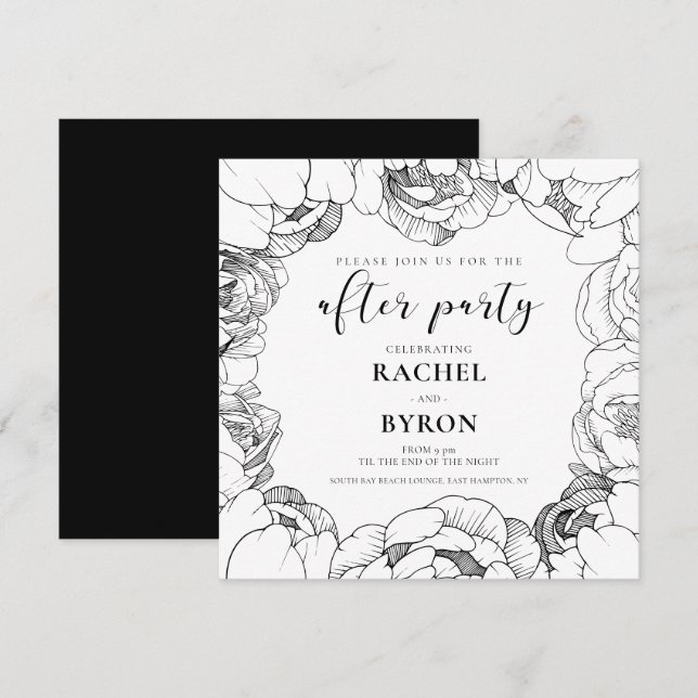 Invitation Peonys noir et blanc mariage après la fête (Devant / Derrière)