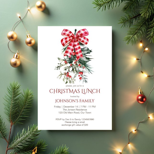 Invitation Pépine arc rouge de Noël (Boho Christmas lunch party invitation template red bow pines red berries invitation)