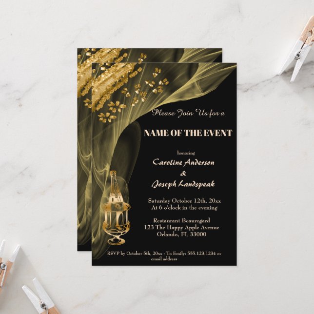 Invitation Pépites d'or riches avec du Champagne dans un seau (Devant/Arrière en situation)