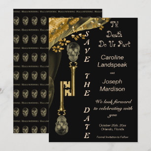 Invitation Pépites d'or voilées et squelette clés Halloweddin