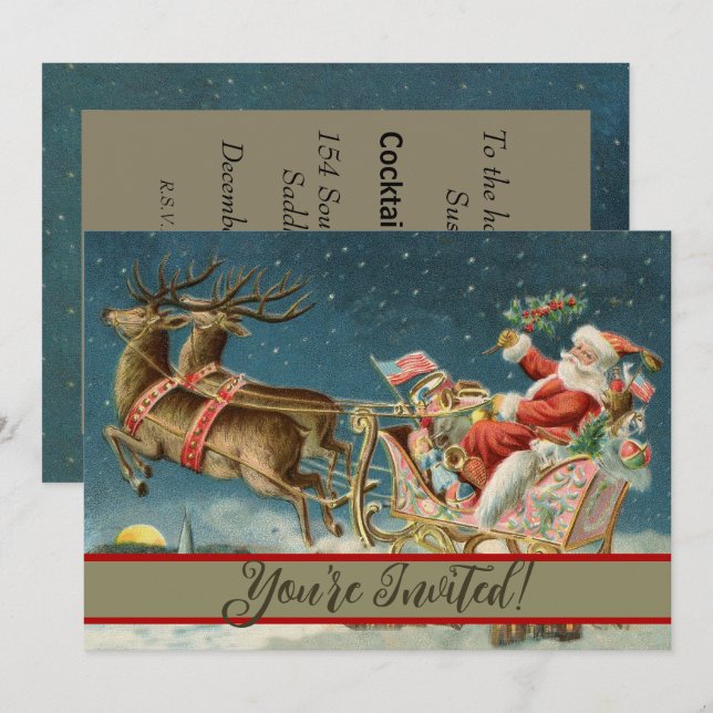 Invitation Père Noël Antique Sleigh Reindeer (Devant / Derrière)