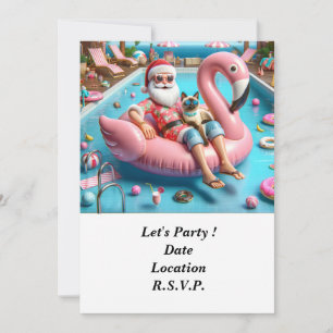 Invitation Père Noël avec chat flottant dans la piscine Noël