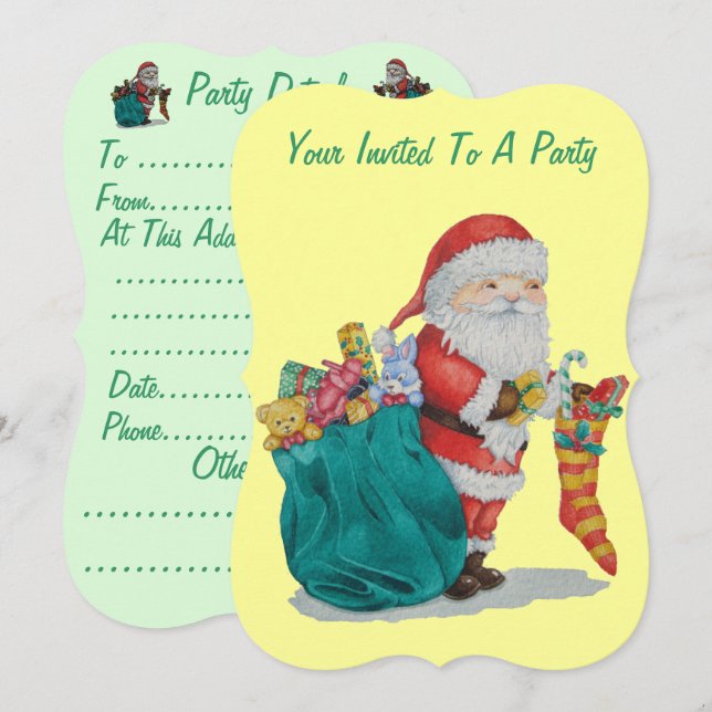 Invitation père Noël avec des cadeaux dans le sac pour (Devant / Derrière)