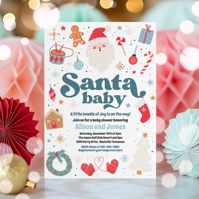 Invitation Père Noël Baby Baby shower de Noël bleu et rouge (Créateur téléchargé)