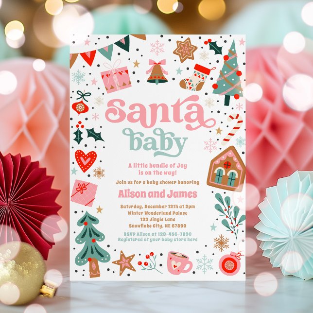 Invitation Père Noël Baby Baby shower de Noël rouge et rose (Créateur téléchargé)