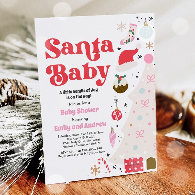 Invitation Père Noël Baby Baby shower de Noël rouge et rose (Créateur téléchargé)