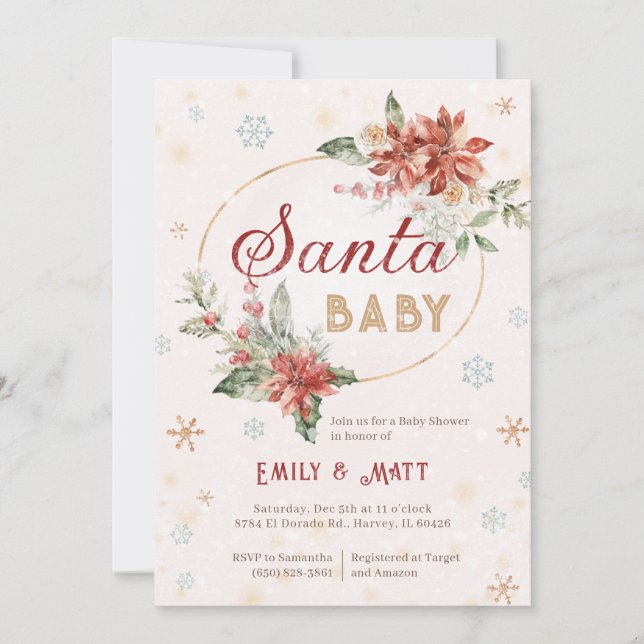 Invitation Père Noël Baby Christmas Douche Sprinkle Poinsetti (Devant)