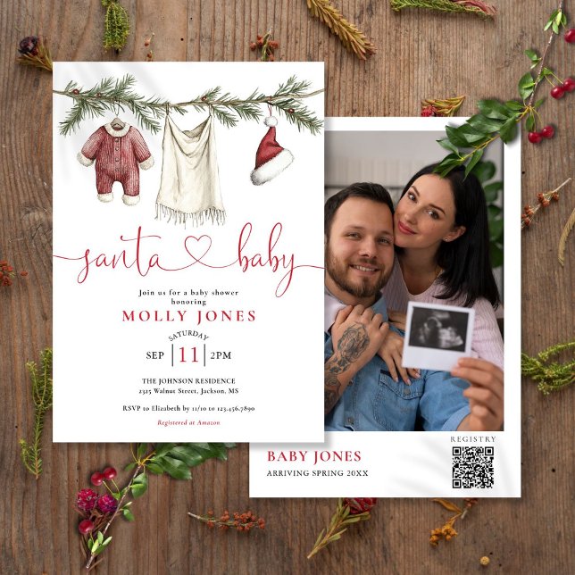 Invitation Père Noël Baby Clothesline Photo QR Code Baby show (Santa Baby Clothesline Photo QR Code Baby Shower Invitation)