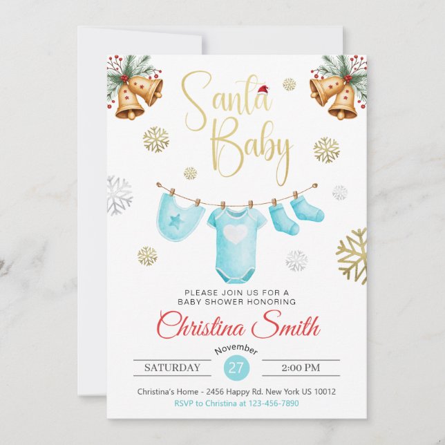 Invitation Père Noël Baby Gold Snowflakes hiver bébé garçon d (Devant)
