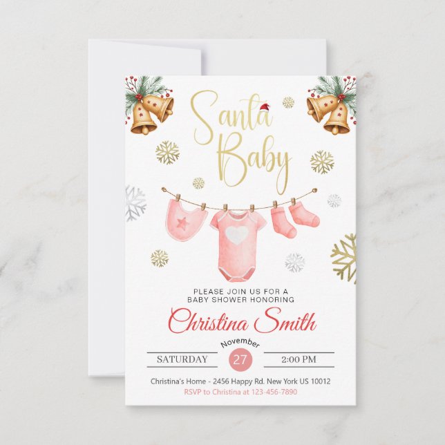 Invitation Père Noël Baby Gold Snowflakes Winter Baby Girl Do (Devant)