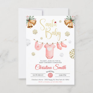 Invitation Père Noël Baby Gold Snowflakes Winter Baby Girl Do