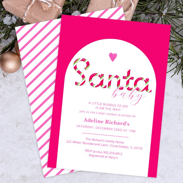 Invitation Père Noël Baby shower de Sucre de canne rose bébé  (Pink Santa Baby Arch Baby Shower Invitation)