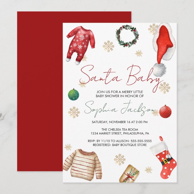 Invitation Père Noël Baby shower Noël Vêtements de bébé hiver (Devant / Derrière)