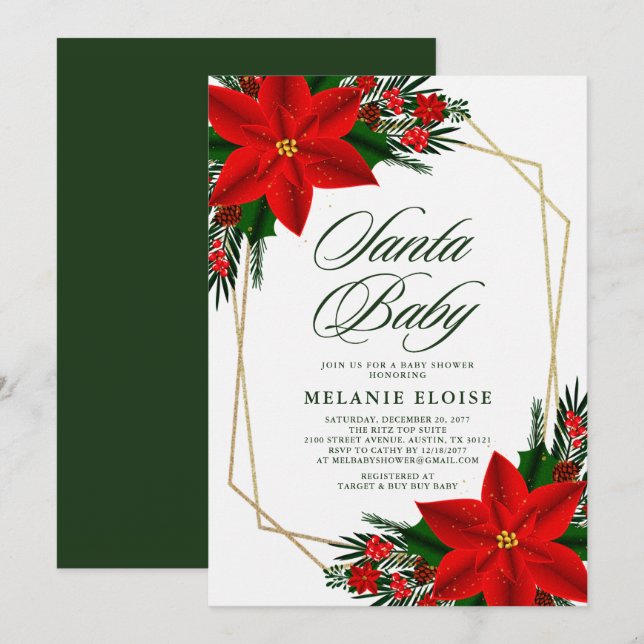 Invitation Père Noël Baby shower Poinsettia Noël vert (Devant / Derrière)
