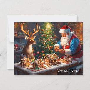 Invitation Père Noël et rennes font une maison en pain d'épic