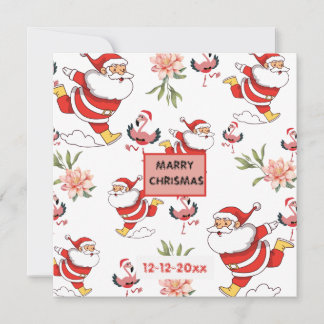 Invitation Père Noël festif, flamant rose et motif floral ros