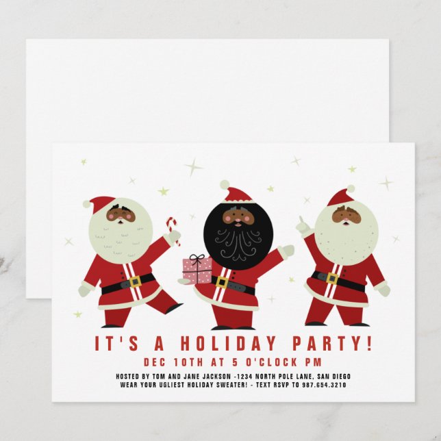 Invitation Père Noël noir drôle et mignon qui danse à la fête (Devant / Derrière)