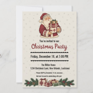 Invitation Père Noël nordique avec une pile de boîtes de cade
