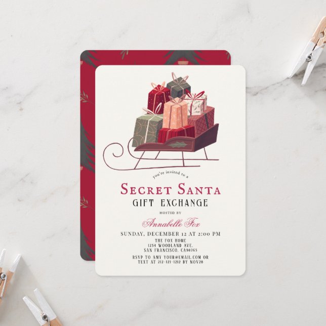 Invitation Père Noël Sleigh Secret Père Noël échange de cadea (Devant/Arrière en situation)