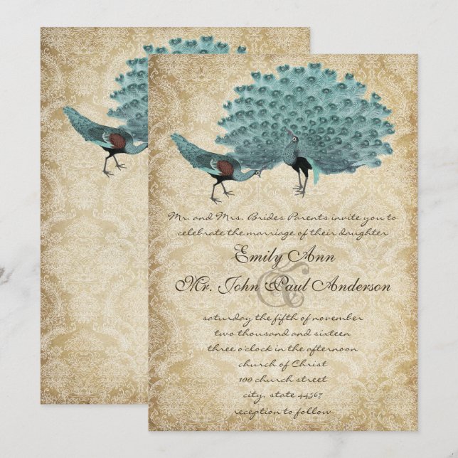 Invitation Perfect Pair Aqua Agé Damask Peacock Élégance (Devant / Derrière)
