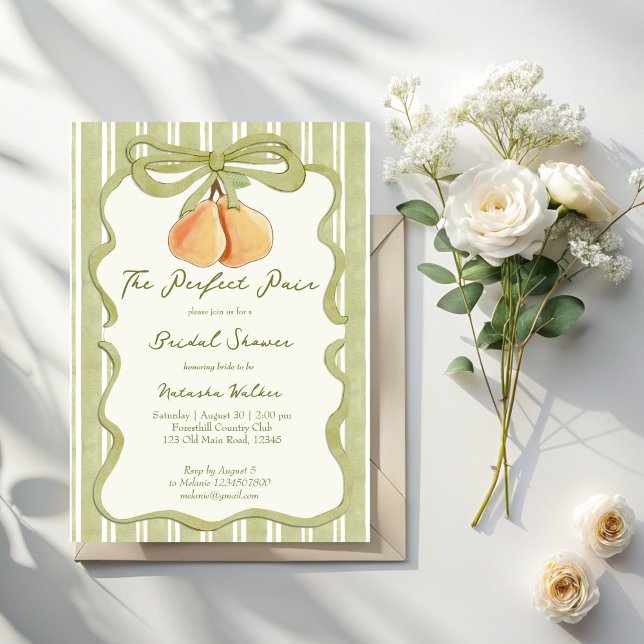 Invitation Perfect pair sage green stripe pear bridal shower (Perfect pair sage green stripes pear bridal shower invitation cards template retro preppy invites)