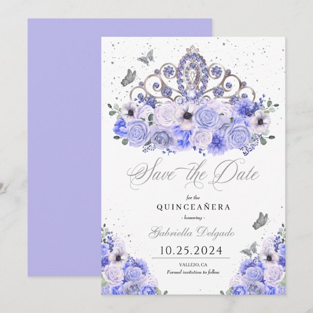Invitation Périwinkle & Argent Enregistrer La Date Quinceañer (Devant / Derrière)