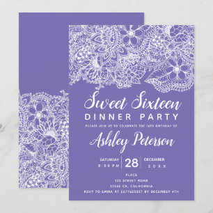 Invitation Périwinkle blanc floral typographie Sweet 16