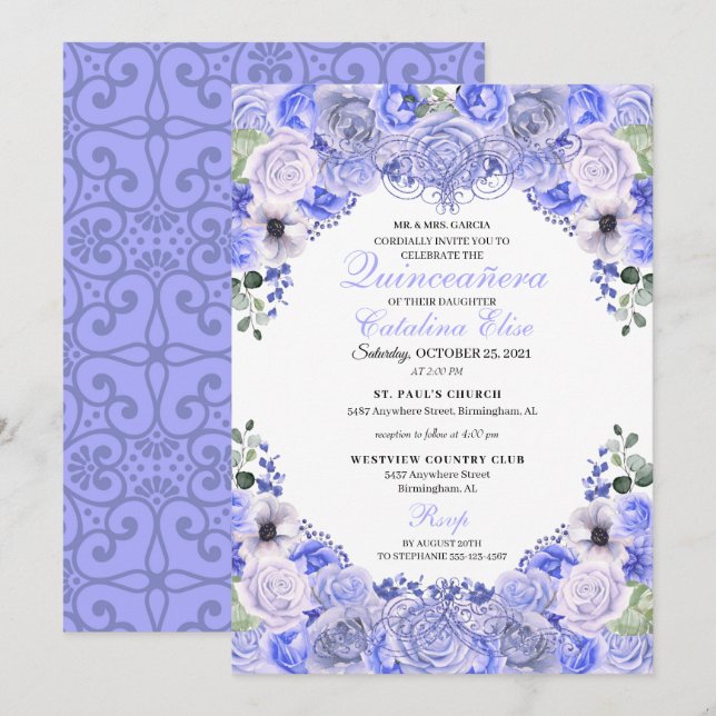Invitation Périwinkle bleu Floral Quinceanera Anniversaire (Devant / Derrière)