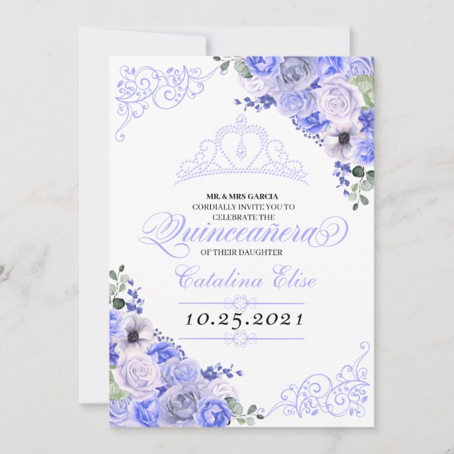 Invitation Périwinkle bleu Floral Quinceanera Anniversaire (Devant)