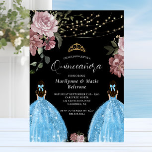 Invitation Périwinkle Blue Princess Floral Twins Quinceañera