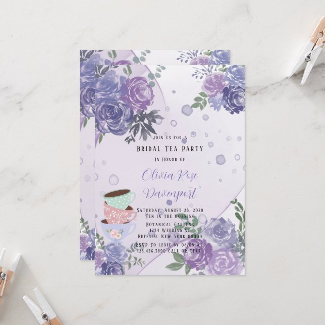 Invitation Périwinkle Purple Peony Alcooler Tea Party (Devant/Arrière en situation)