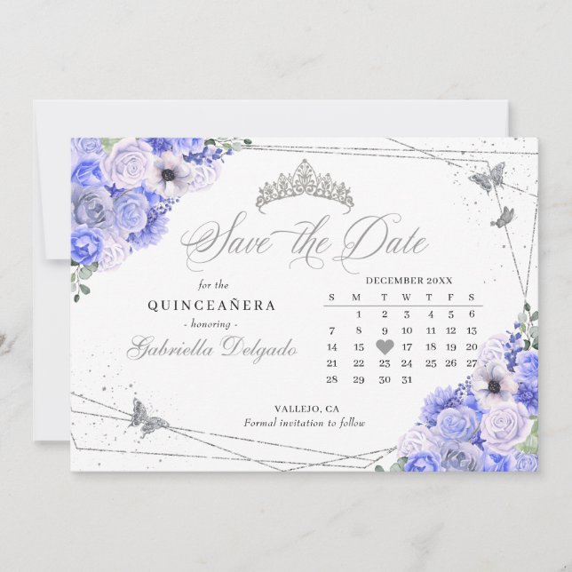 Invitation Periwinkle & Silver Quinceañera Enregistrer La Dat (Devant)