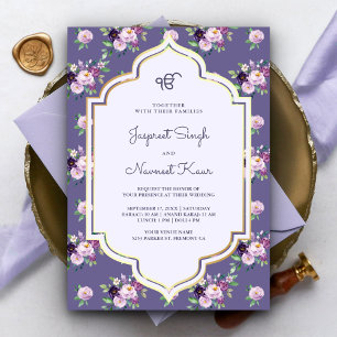 Invitation Périwinkle violet Floral Anand Karaj Sikh Mariage
