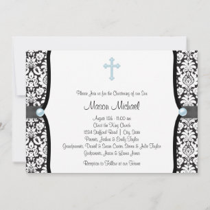 Invitation Perle Bleue Croix Bleu Damassé Noir Baptême