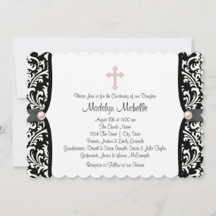 Invitation Perle croix rose noir damas baptême