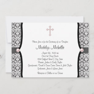 Invitation Perle croix rose noir damas baptême