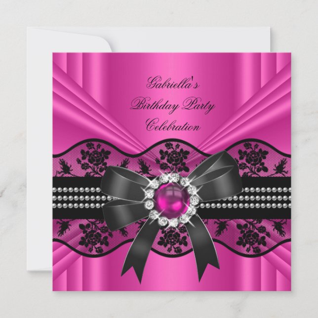 Invitation Perle de dentelle noire rose Élégante fête d'anniv (Devant)