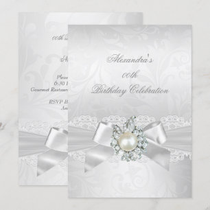 Invitation Perle Diamant Dentelle Blanc Nœud Damassé Argent F