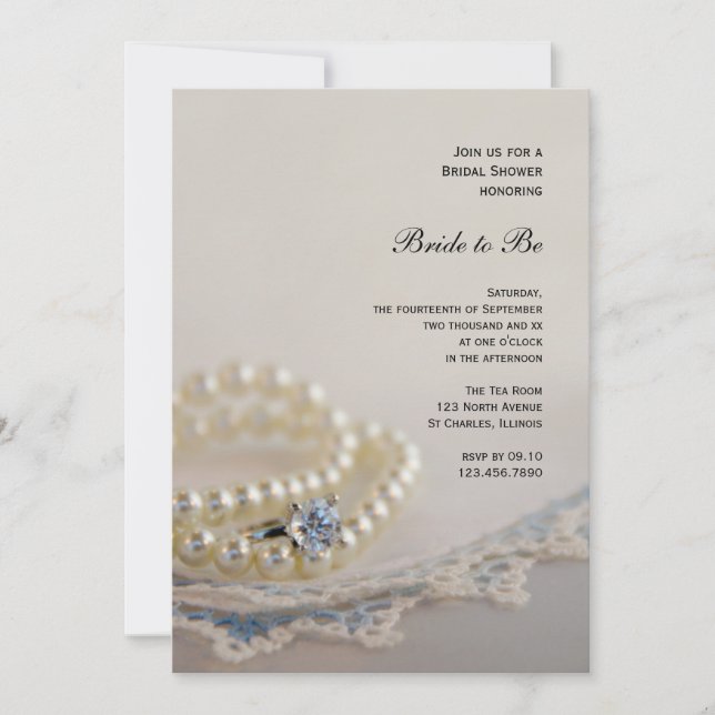 Invitation Perles, Anneau et Fête des mariées en dentelle ble (Devant)