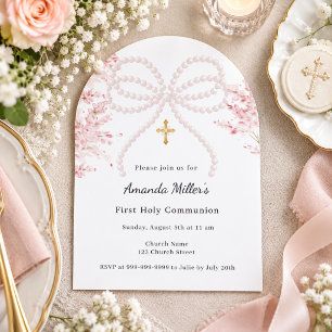 Invitation Perles arc rose floral fille Première Communion