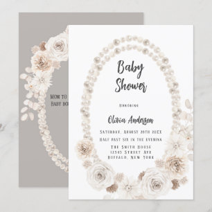 Invitation Perles beige et blanc et fleurs Baby shower Inv