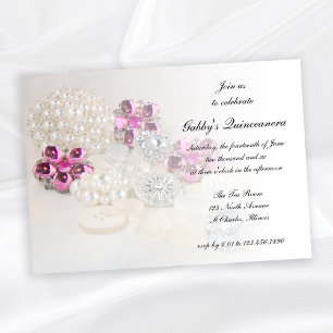 Invitation Perles Boutons Diamants Rose Quinceañera