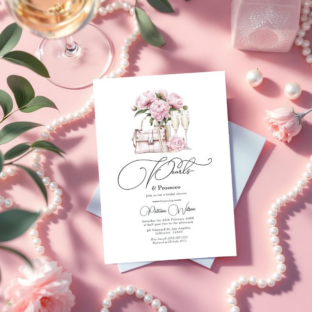 Invitation Perles chic et Fête des mariées florale rose Prose (Chic Pearls and Prosecco Pink Floral Bridal Shower Invitation)