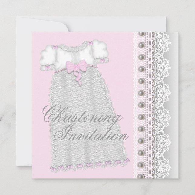 Invitation Perles d'argent Gown Baby Girl Christening rose (Devant)