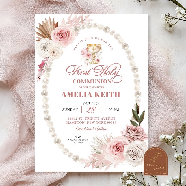 Invitation Perles de Bow rose première communion sacrée baptê (Créateur téléchargé)